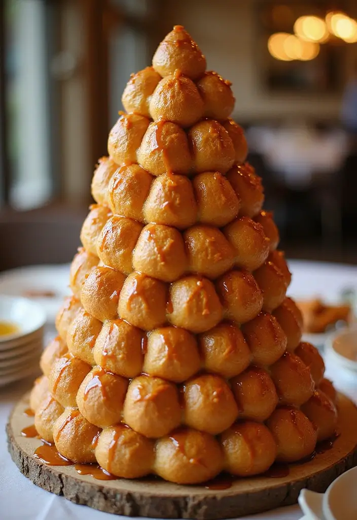 30 Wedding Reception Cake Ideas That Steal the Spotlight - 22. Towering Croquembouche