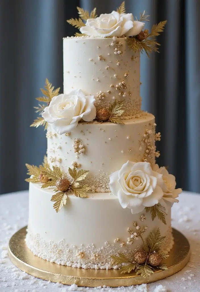 30 Winter Wedding Cake Ideas Full of Snowy Elegance - 14. Glimmering Gold