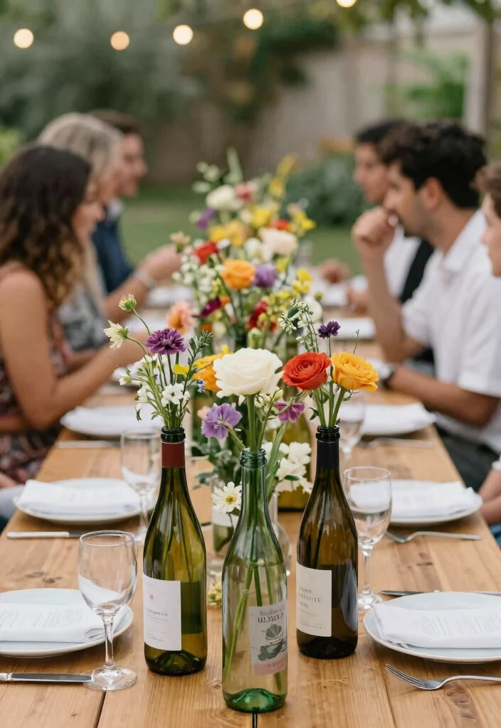 14 Engagement Party Decoration Ideas for Chic, Romantic, and Photo-Ready Events - 5. Upcycled Wine Bottle Vases 1